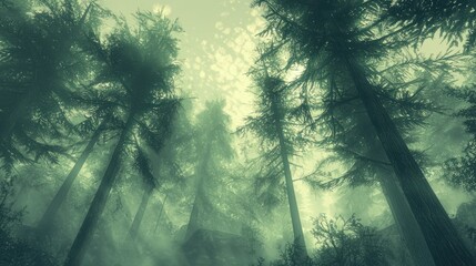 Aufkleber - A misty forest scene with tall trees and soft fog creating a mystical ambiance.