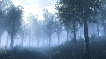 Poster - A misty forest scene with tall trees and soft fog creating a mystical ambiance.