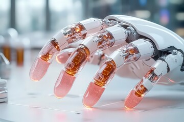 Poster - Futuristic Robotic Hand with Glowing Fingers and Advanced Technology Components