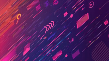 Poster - A modern design featuring podcast icons scattered across a dynamic backdrop of diagonal lines