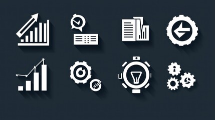 Poster - A modern icon set in solid white, featuring teamwork, data analysis, and growth symbols.