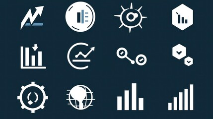 Poster - A modern icon set in solid white, featuring teamwork, data analysis, and growth symbols.