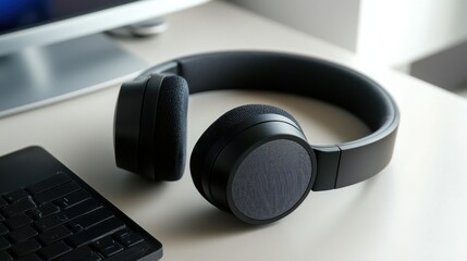 Poster - A modern podcast setup featuring wireless headphones and a sleek microphone.