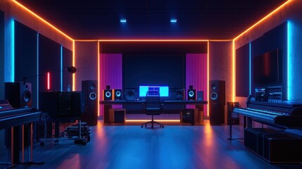 Poster - A modern studio with professional podcasting equipment illuminated by LED lights.