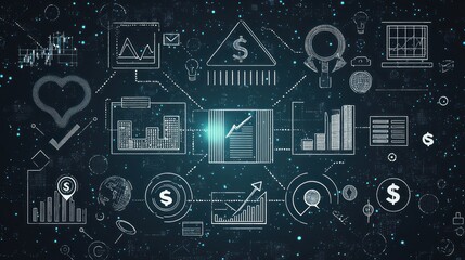 Poster - A modern thin-line icon set, featuring finance, communication, and leadership symbols in monochrome.