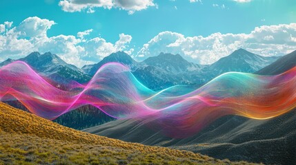 Aufkleber - A mountain landscape where podcast waves are illustrated as colorful lines traveling through the air.