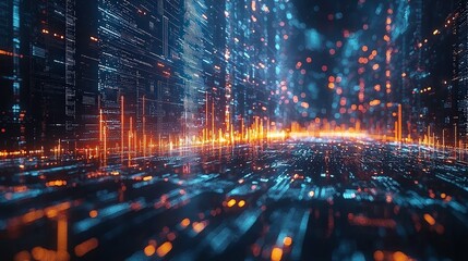 Poster - Futuristic digital landscape with glowing lines and data streams