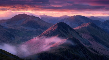 Poster - A mountain range glowing under a deep purple sunset, with mist rising from the valleys.