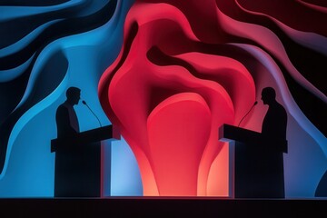Poster - Engaging political debate with bold paper art background and dynamic silhouettes of two figures at podiums Generative AI