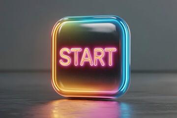 Poster - Glossy neon button with colorful glowing edges to signify the start of a new project or journey