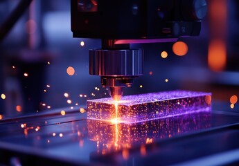 Poster - High-Tech Laser Cutting Process with Sparkle Effects in a Modern Laboratory Environment Focused on Industrial Innovation and Precision Engineering