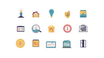 Poster - A neatly arranged collection of flat-style business icons on a white background, each representing a key aspect like finance, teamwork, and growth.
