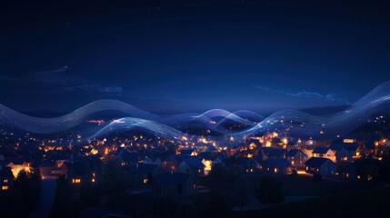 Aufkleber - A night-time scene with glowing podcast waves connecting distant houses across a small town.