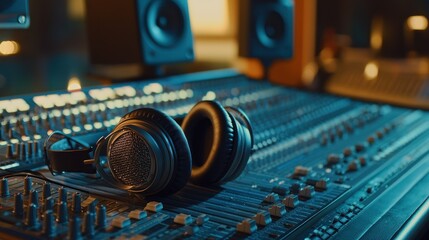 Poster - A pair of high-quality podcast headphones resting on a recording desk with sound equipment.