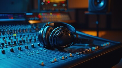 Poster - A pair of high-quality podcast headphones resting on a recording desk with sound equipment.