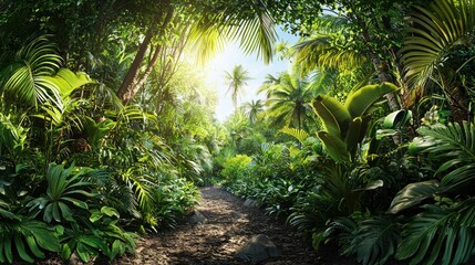 Poster - A panoramic view of a tropical rainforest, rich with diverse flora.