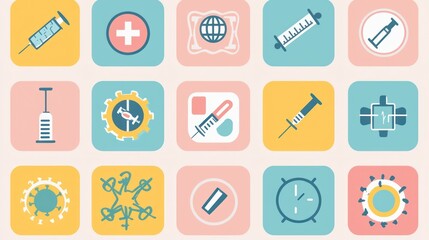 Poster - A pastel-colored icon set showing COVID-19 business themes, including reopening signs and vaccination symbols