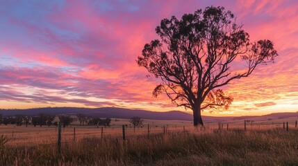 Aufkleber - A pastoral scene with a lone tree standing in the glow of a vibrant sunrise.