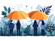 © aicandy - Illustrative Composition of Four Individuals Under Large Umbrellas Amidst Lush Foliage and Abstract Leafy Background, Highlighting Tranquil Atmosphere