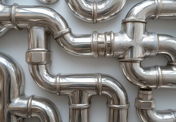 Poster - Industrial chrome and stainless steel pipe fittings arranged in intricate geometric patterns on a white background, showcasing modern plumbing design and engineering.