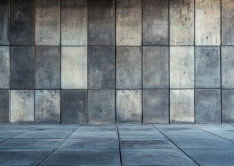 Poster - Industrial concrete wall with textured panels, showcasing weathered urban architecture, suitable for backgrounds and abstract designs in creative projects