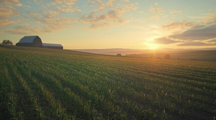 Aufkleber - A peaceful farm landscape at sunset, with fields stretching to the horizon and a barn in the distance.
