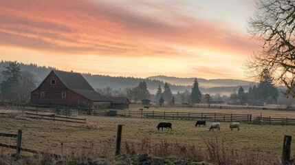 Poster - A peaceful farm scene with animals grazing under the fading light of a serene sunset