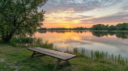 Poster - A peaceful horizon over a lake, with the sky reflecting in the calm water at sunset