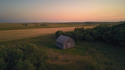 Poster - A peaceful rural scene with a small barn and fields bathed in the soft light of sunset