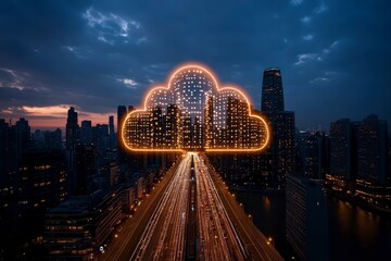 Poster - Digitally Enhanced Cityscape with Cloud Symbol at Dusk Over Urban Highway and Skyscrapers