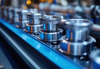 Poster - Industrial machined components lined up in a manufacturing facility, showcasing precision engineering and high-quality metal finishes in a production environment