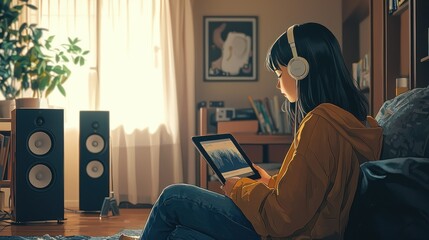 Poster - A person sitting in a cozy living room, headphones on, with a tablet showing a podcast playlist nearby.