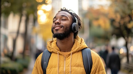 Poster - A person walking through a quiet urban street, listening to a podcast with a relaxed expression.