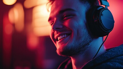 Poster - A person wearing podcast headphones and smiling during a live recording.