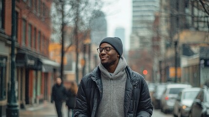 Poster - A person walking through a quiet urban street, listening to a podcast with a relaxed expression.