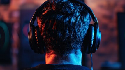 Poster - A person wearing podcast headphones and smiling during a live recording.