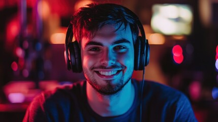 Poster - A person wearing podcast headphones and smiling during a live recording.