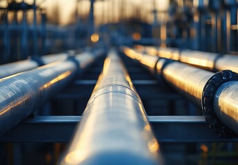 Poster - Industrial Pipelines in a Sunset Glow, Close-Up View of Flowing Metal Pipes Reflecting Warm Light, Infrastructure and Manufacturing Concept