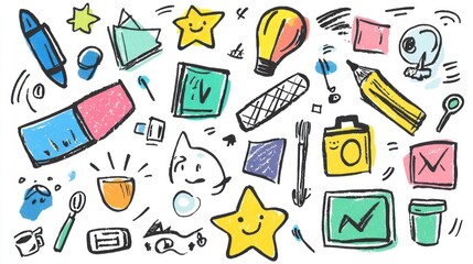 Poster - A playful set of hand-drawn icons in colorful marker styles, perfect for casual projects.