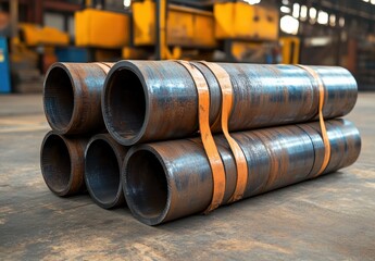 Poster - Industrial steel pipes stacked on wooden floor in manufacturing facility, showcasing raw materials used in construction and engineering projects globally