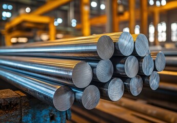 Poster - Industrial Steel Rods Stacked Neatly in a Warehouse, Showcasing Quality Metal Materials for Manufacturing and Construction Purposes in Bright Lighting