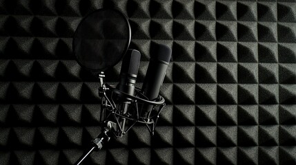 Poster - a podcast mic with an adjustable stand in a professional recording studio.