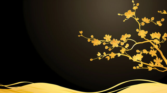 A stylized golden blossom branch gracefully curves across a dark background creating a modern and elegant feel Perfect for backgrounds and digital compositions.