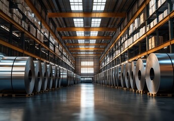 Poster - Industrial warehouse interior featuring metallic coils on pallets, showcasing modern storage solutions and optimized logistics processes in a spacious environment.