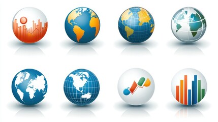 Poster - A polished icon set with a focus on global business themes, featuring globes, charts, and communication tools.