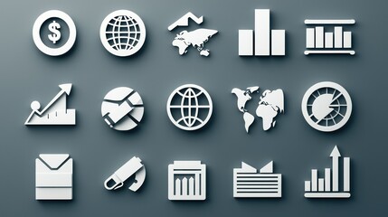 Poster - A polished set of white icons representing global business concepts, ideal for branding and presentations.