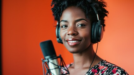 Poster - A portrait of a podcast host with a microphone, headphones, and a bright background