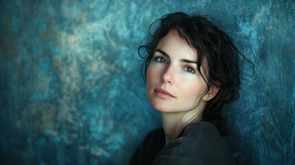Poster - A portrait of a woman framed by soft light and a textured blue background
