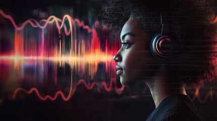 Poster - A portrait of a woman podcasting with a modern background featuring soundwaves.