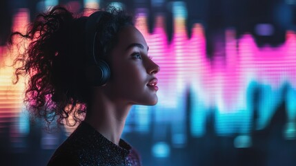Poster - A portrait of a woman podcasting with a modern background featuring soundwaves.